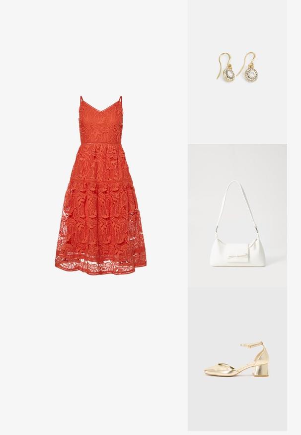 Raudona nėrinių suknelė su reguliuojamais petnešomis, turinti sudėtingą lapų raštą, pakeltus sluoksnius ir prigludusią viršutę.; Auksinės metalinės aukštakulniai bateliai su apvaliu pirštu, kulkšnies dirželiu ir žemu bloku kulnu. Lygus paviršius su blizgiu apdaila.; Balta sintetinė rankinė trikampio formos, plokščiu priekiu su užsegimu, kaspino detale, reguliuojama dirželiu, lygia tekstūra ir minimalistišku dizainu.; Aukso spalvos auskarai su ovalo formos skaidriais kristalais, apjuostais mažesniais skaidriais akmenukais, su kabliuko dizainu, užtikrinančiu saugų dėvėjimą.