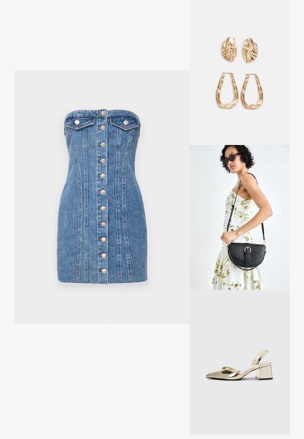 Strapless denim mini dress in light blue with silver buttons down the front, featuring two chest pockets and vertical seam details.; Gold, metallic slingback heels with a pointed toe and chunky heel. Smooth texture, minimalistic design, and a narrow strap.; Black leather handbag with a curved shape, detachable strap, and gold hardware. The bag features a flap with a buckle detail.; Gold-tone earrings featuring textured, wavy shapes. Includes sculptural clip-on studs and open hoop design with a hammered finish.