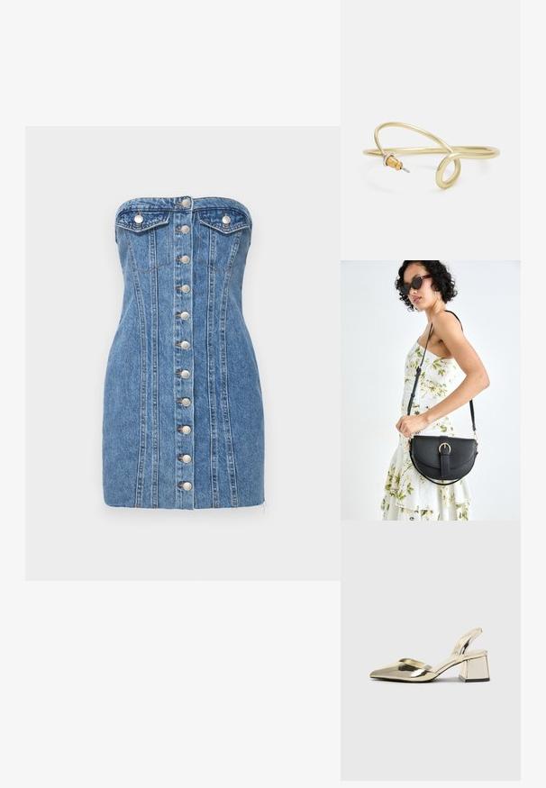 Bezplecu denima mini kleita gaiszi zilā krāsā ar sudraba pogām priekšpusē, ar diviem krūšu kabatām un vertikālām šuvju detaļām.; Zeltaini, metāla kurpes ar siksniņām, norakans purngalis un masīla papēdis. Gluda tekstūra, minimālisma dizains un šaura siksna.; Melnas ādas rokassoma ar izliekta formu, noņemamu siksnu un zelta aksesuāriem. Somai ir vāciņš ar sprādzes detaļu.; Zelta krāsas metāla aproce ar šķidrām, viļņveidīgām formām. Vienā galā ir neliels, izteikts sudraba krāsas akcents.