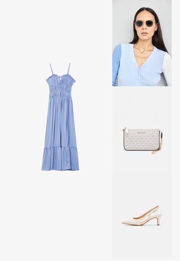 Helle blaue ärmellose Maxikleid mit dünnen Trägern, gerafftem Oberteil, kleinem Frontbändchen und gestuftem Saum.; Weiße Slingback-Absätze mit spitzer Zehenpartie, glattem Obermaterial, niedrigem Blockabsatz und seitlichem Ausschnitt-Design mit verstellbarem Schnallenriemen.; Runde Sonnenbrillen mit dunklen Gläsern und goldenen Rahmen. Das Modell trägt eine hellblaue, gerippte Strickjacke mit Knöpfen und weißen Kontrastärmeln.; Michael Kors Clutch in beige beschichtetem Canvas mit einem wiederholten MK-Logo-Muster, goldfarbener hardware und einem abnehmbaren Kettenriemen.