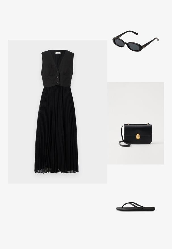 Czarna plisowana sukienka z dopasowaną górą w stylu kamizelki, z dekoltem w kształcie litery V i trzema guzikami z przodu, wykonana z lekkiego materiału.; Czarne klapki z teksturowaną gumową podeszwą, dwiema smukłymi paskami oraz subtelnym, wytłoczonym logo na pasku.; Czarne, oversize okulary przeciwsłoneczne z owalnymi soczewkami, gładkim plastikowym mostkiem i złotymi akcentami na zausznikach. Ciemne soczewki zapewniają ochronę przed słońcem.; Czarna skórzana torba na ramię o strukturalnym prostokątnym kształcie. Posiada złoty owalny zamek i cienki pasek na ramię. Gładka faktura.