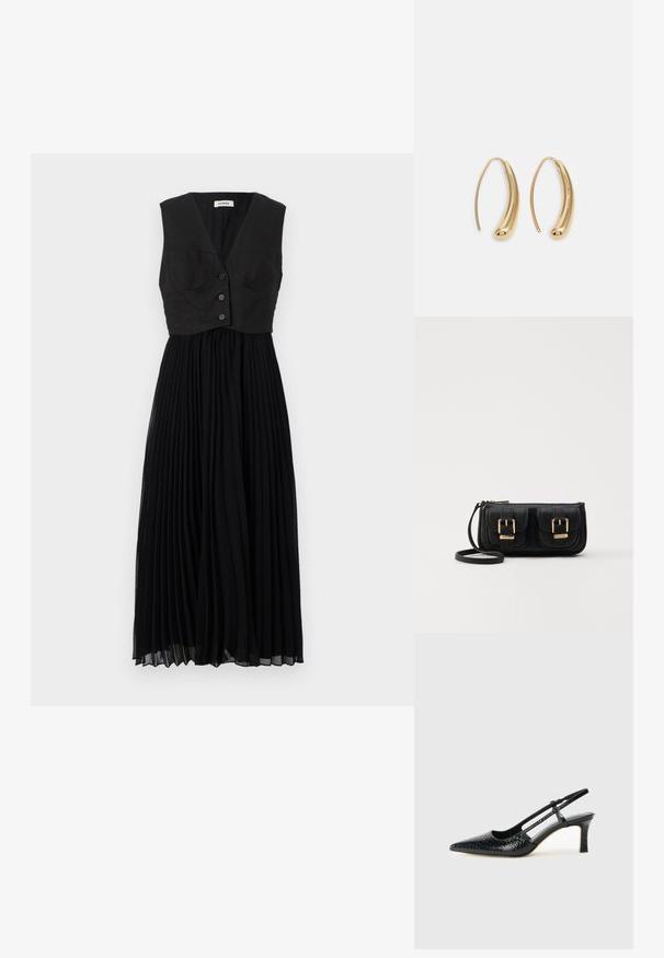 Čierne plisované šaty s priliehavým živôtikom v štýle vesty, so spodným výstrihom a tromi prednými gombíkmi, vyrobené z ľahkého materiálu.; Čierne patentové slingback topánky na ihlovom podpätku s špicatou špičkou, s textúrovaným hadím vzorom, nastaviteľným popruhom a krátkym, textúrovaným blokovým podpätkom.; Čierna kožená crossbody taška s dvoma prednými vreckami, zlatými sponami, zipsovým uzatváraním a úzkym popruhom. Štruktúrovaný povrch a kompaktný obdĺžnikový tvar.; Náušnice vo forme zlatých kovových kruhov s zakriveným, predĺženým tvarom. Majú hladký, lesklý povrch a zaoblený koniec pre pridanie detailu.