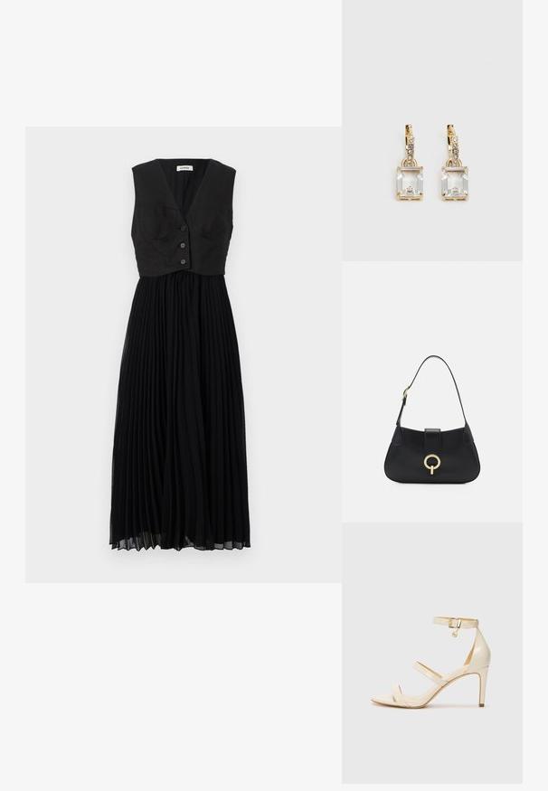 Juoda klostuota suknelė su prigludusia liemenėle, turinti V formos iškirpę ir tris priekinės dalies mygtukus, pagaminta iš lengvo audinio.; Šviesiai rudos aukštakulnės sagaus su plona kulkšnies juostele ir dviem viršutinėm juostelėm. Blizgus lakinės odos apdailos ir auksinė detalių apdaila ant kulkšnies juostelės.; Juoda odinė rankinė su kreiva siluetu, trumpa rankena, centriniu auksinės spalvos apdailos elementu ir lygiomis tekstūromis. Nėra matomų raštų ar akcentų.; Auksinės spalvos auskarai, kuriuose yra stačiakampis, skaidrus kristalas, kabantis po eile mažų, apvalių skaidrių akcentų. Šiuolaikiškas, modernus dizainas.