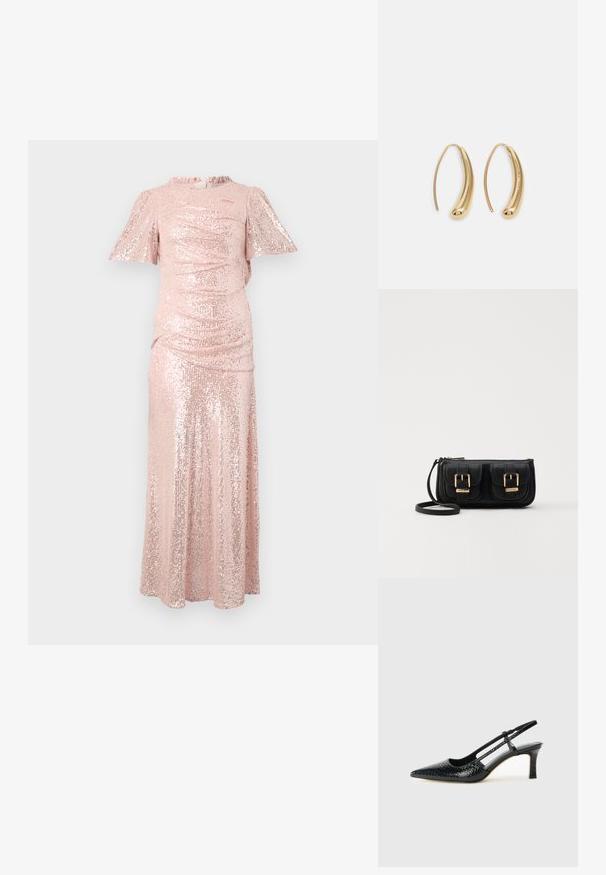 Dolga roza obleka s sequinom, kratkimi letečimi rokavi, nabranim materialom na zgornjem delu in tekočim krilom, kar ustvarja oprijet silhueto.; Črne lakaste slingback pete s koničastim nosom, ki imajo teksturiran vzorec kačje kože, nastavljiv trak in kratek teksturiran blok peto.; Črna usnjena torbica čez ramo z dvema sprednjima žepoma, zlatimi zaponkami, zadrgo in ozkim pasom. Tekstura površine je strukturirana, obliko pa ima kompaktno pravokotno.; Zlato-tonirani kovinski uhani v obliki obroča s krivuljo in podolgovato obliko. Imajo gladko, sijočo površino in zaobljen vrh za dodaten detajl.