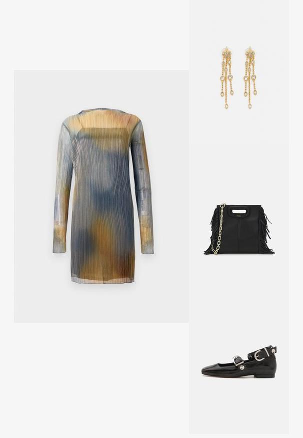 Läbipaistev, volditud kleit pikkade varrukatega, millel on sinise, kollase ja pruunika tooni gradient. Ümar kaelus; kerge, voolav materjal.; Must musta nahkkinga lamead kontsad, ruudukujulise varbaga, pahkluu rihmaga, mis sisaldab hõbedast taakleid, ning lame tald. Siledat pinda ja minimalistlikku disaini.; Musta nahk käekott, millel on frantsiisid, kuldne ahelsanga ja lõigatud käepide. Esiosas on logot.; Kuldne tooni kõrvarõngad mitme voolava ahelaga, millel on selged ovaalsed rhinestone aktsendid ja dekoratiivsed stud-tippud.