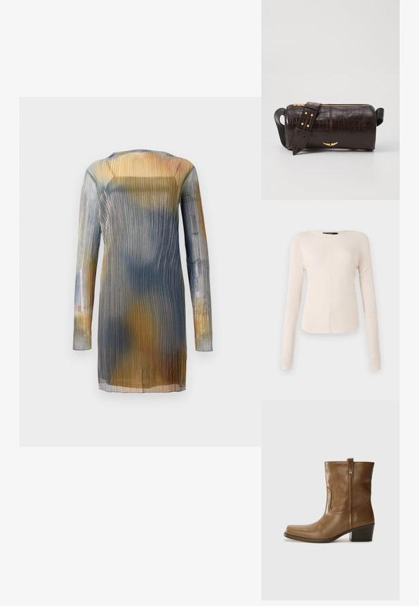 Transparent, pleated dress with long sleeves, featuring a gradient of blue, yellow, and brown hues. Rounded neckline; lightweight, flowing fabric.; Long-sleeve, light beige top with a round neckline. Made of soft fabric, features a central seam and slightly curved hem. No visible hardware.; Brown leather ankle boot with a square toe, textured finish, and a low stacked heel. Features a rear pull tab and subtle stitching details.; Brown crocodile-embossed leather bag with a cylindrical shape, gold-tone hardware, and a detachable strap featuring studs.