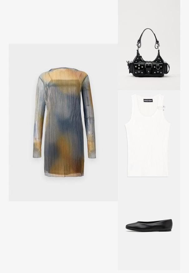 Transparente, plissierte Kleid mit langen Ärmeln, das einen Farbverlauf von Blau, Gelb und Braun zeigt. Rundhals; leichtes, fließendes Material.; Weißes geripptes Tanktop mit rundem Ausschnitt und metallischem Akzent an der Schulter. Weiche Textur, figurbetontes Design und ärmelloser Stil.; Paul Smith TOPANGA - Klassischer Ballerina - black; Schwarze Lederhandtasche mit einem geschwungenen Design, verziert mit silbernen Nieten, einer Schnalle und zwei seitlichen Taschen. Verstellbarer Träger für verschiedene Tragemöglichkeiten.