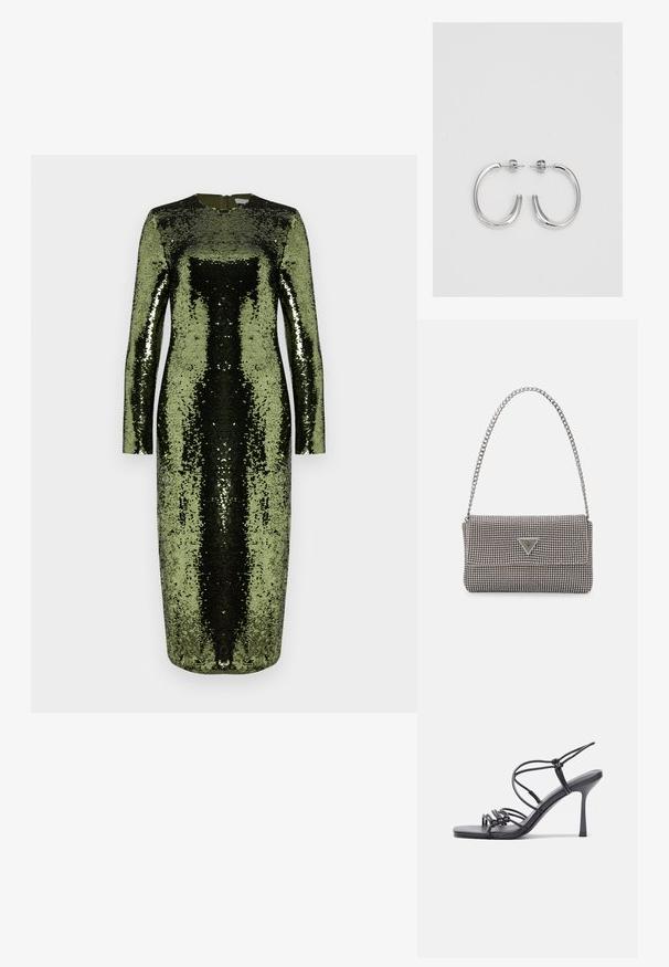 Garās piedurknes, grīdas garuma kleita, kas pārklāta ar zaļiem un melniem spīdoņiem. Iespējams ar apaļu izgriezumu un aizmugurējo rāvējslēdzēju.; Melnas augstpapēžu sandales ar plāniem siksniņām un mezgla dizainu, gluda kvadrātveida purngalu un elegantu stiletto papēdi.; Gaiši pelēka metāla rokassoma ar ķēdes siksnu, rotāta ar mazām apaļām metāla kniedēm un trīsstūra zīmola logo.; Sudraba riņķveida auskari ar gludu, spīdīgu apdari. Apaļas formas, viegla dizaina, ar aizdari uz stieples.
