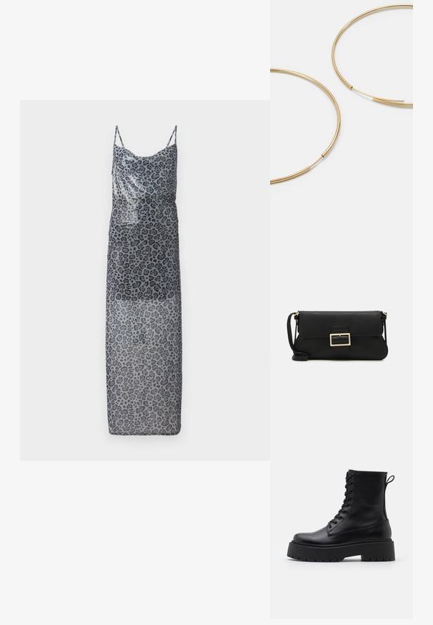 Leoparda raksta maksi kleita caurspīdīgā pelēkā audumā. Iespējotas plānas siksnas un brīva piegriezuma, parādot ombre efektu no tumša uz gaišu.; Melni ādas potītēm zābaki ar apļveida purngalu, auklām priekšpusē un biezu gumijas zoli ar teksturētu protektoru. Velkšanas cilpa aizmugurē.; Melnas ādas saķeres soma ar atloku un zelta metāla sprādzi. Ietver melnu siksnu un elegantu, minimālistisku dizainu.; Zelta krāsas auskari gredzena formā, plāni un apaļi, ar gludu metāla apdari un bez rotājumiem vai zīmējumiem.