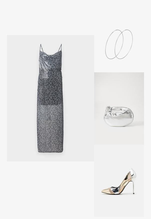 Maxi šaty s leopardím vzorom z priesvitnej sivej tkaniny. Majú tenké ramienka a voľný strih, pričom vystavujú ombré efekt od tmavej po svetlú.; Lodičky s špičatou špičkou v striebornom, zlatom a telovom farebnom prevedení. Lesklý povrch s výrezovým dizajnom, s ihlovým opätkom.; Strieborná metalická taška s mäkkým, zaobleným tvarom a uzáverom s uzlíkom. Vyrobená z hladkej syntetickej kože.; Strieborné kruhové náušnice s minimalistickým dizajnom. Cirkulárny tvar, hladký povrch a tenký profil. Ľahké s lesklým povrchom.