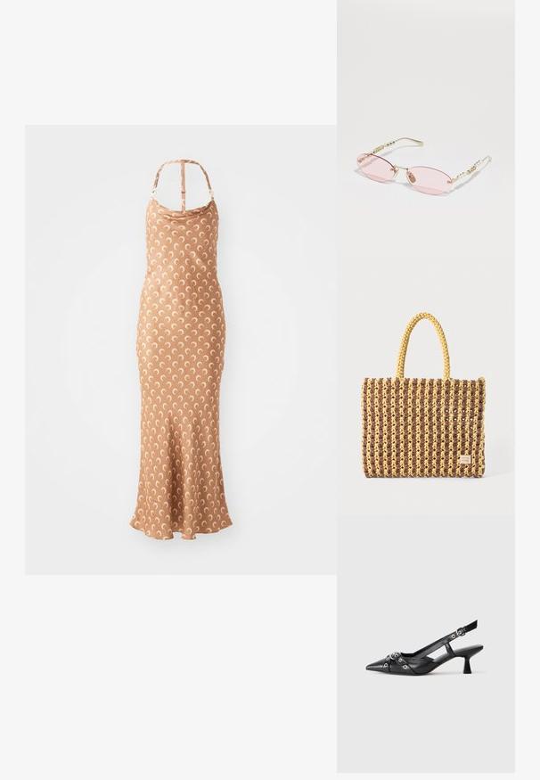 Hnědé přiléhavé šaty s výstřihem ve tvaru lodi, tenkými ramínky a rozšířeným lemem. Vyznačují se krémovým vzorem půlměsíce po celém povrchu.; Černé kožené slingback boty s špičatou špičkou, dekorativními pásky s kovovými očky a nízkým blokovým podpatkem. Texturovaný povrch.; Gucci Sluneční brýle - gold-coloured/pink; Tkaná taška hnědé a žluté barvy s obdélníkovým tvarem, dvěma úchyty a texturovaným povrchem s viditelným šitím a brandovým štítkem.