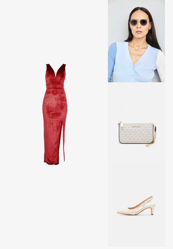 Piros bársony ruha mély V-nyakkivágással, testre szabott felsőrésszel és oldalsó hasítékkal. A kialakítás sima textúrát és csipke díszítést tartalmaz az alján.; Fehér slingback sarok, hegyes orral, sima felső anyaggal, alacsony blokk sarkával és oldalsó kivágott dizájnnal, állítható csatpánttal.; Kerek napszemüveg sötét lencsékkel és arany kerettel. A modellen világoskék, bordázott kardigán van gombokkal és kontrasztos fehér ujjaival.; Michael Kors bézs bevonatos vászon karkötő, amely ismétlődő MK logó mintával, aranyszínű fémrészletekkel és levehető lánchordóval rendelkezik.