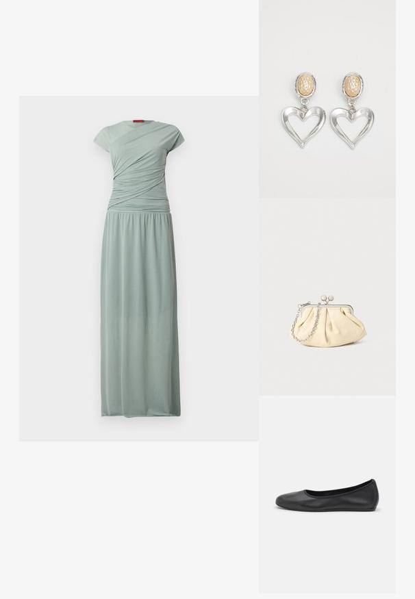 Długa, dopasowana sukienka z jasnociernego materiału. Posiada krótkie rękawy i marszczoną górę, opadająca do zgromadzonej, elastycznej talii.; Czarne skórzane baletki z zaokrąglonym noskiem, gładką fakturą, minimalnymi przeszyciami i elastycznym designem podeszwy.; Złożona beżowa skórzana kopertówka z srebrną metalową ramą, z dwoma okrągłymi dekoracyjnymi zapięciami i srebrnym łańcuszkiem.; Srebrne kolczyki w kształcie serca z połyskującym wykończeniem. Każdy z nich ma teksturowany beżowy owalny wkręt. Elegancki i lekki design.