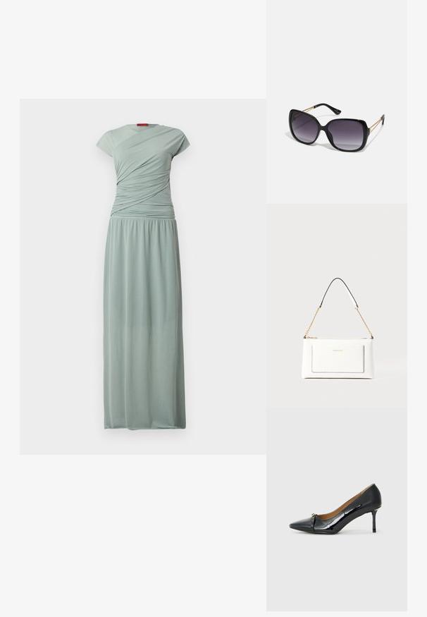 Long, fitted dress in light green fabric. Features a cap sleeve and a ruched bodice, flowing down to a gathered, elasticized waist.; Black patent leather high-heeled shoe with a pointed toe, decorative strap detail at the front, and a thin stiletto heel.; Black oversized sunglasses with gradient lenses, thick frames, and gold-tone chain detailing on the temple arms.; White leather handbag with a textured finish, featuring a gold chain strap and black accents. Includes a front pocket and zipper closure.