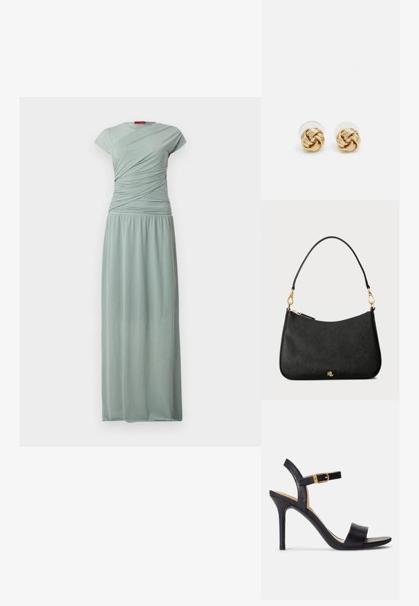 Long, fitted dress in light green fabric. Features a cap sleeve and a ruched bodice, flowing down to a gathered, elasticized waist.; Black high-heeled sandals featuring a smooth leather upper, open toe, and a single strap design with a gold buckle accent.; Black leather handbag with a structured design, featuring a zip closure, a detachable strap, and gold hardware accents.; Gold-tone knot stud earrings with a twisted design. Each earring features a circular clear backing for secure wear.