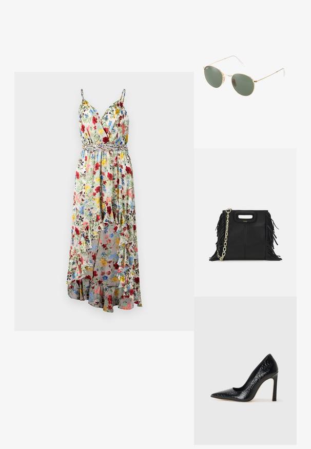 Alice + Olivia TARA CASCADING RUFFLE MIDI DRESS - Maksi garuma kleita - dollhouse; Melni augstpapēžu apavi ar norādītu purngalu, ar krokodila ādas tekstūru, izceļoties ar elegantu dizainu, augstu stiletto papēdi un gludu melnu interjeru.; Zelta metāla rāmis saulesbrillēm ar zaļiem stikliem, apaļa forma, plānas kājiņas un baltas plastmasas akcenti uz roku galiem.; Melna ādas rokassoma ar frizūras detaļām, zelta ķēdes plecu siksnu un izgrieztu rokturi. Ir logotipa novietojums priekšpusē.