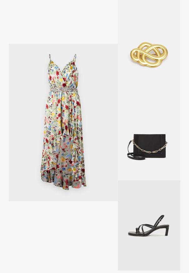 Alice + Olivia TARA CASCADING RUFFLE MIDI DRESS - Maksimekko - dollhouse; Mustat hihnalligat, joissa on neliön muotoinen kärki ja matala lohkokorko. Ominaisuuksiin kuuluu useita ohuita hihnoja ja säädettävä nilkkahihna. Valmistettu sileästä nahasta.; Musta nahkainen olkalaukku, jossa on sileä pinta, suorakulmainen muoto ja metalliketju yksityiskohtana edessä. Mukana säädettävä hihna.; Kultasävyinen rinnaneula, jossa on solmittu muotoilu, sileät, kaarevat viivat ja monimutkainen muoto, heijastaen kiiltävää pintaa.