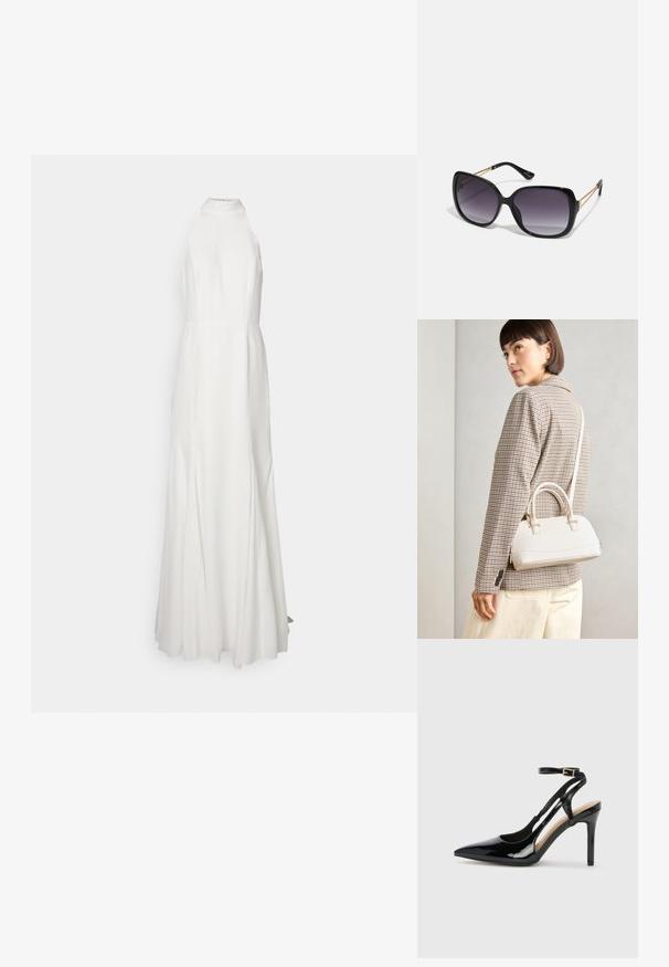Ilga, balta, halter tipo suknelė su prigludusia liemens dalimi ir plazdžia sijonu. Sklandžios medžiagos tekstūra, matomų raštų ar akcentų nėra.; Juodas patentuotas odinis aukštakulnis batelis su siauru pirštu, reguliuojama kulkšnies juosta ir atvirais šonais. Lygi tekstūra.; Juodos didelės saulės akinių su pereinamais objektyvais, storomis rėmeliais ir auksinės spalvos grandinėmis ant šventyklų.; Balta struktūruota rankinė su trumpomis rankenomis ir peties diržu, su auksinėmis detalėmis ir tekstūruota medžiaga, pastatyta prieš pilką foną.