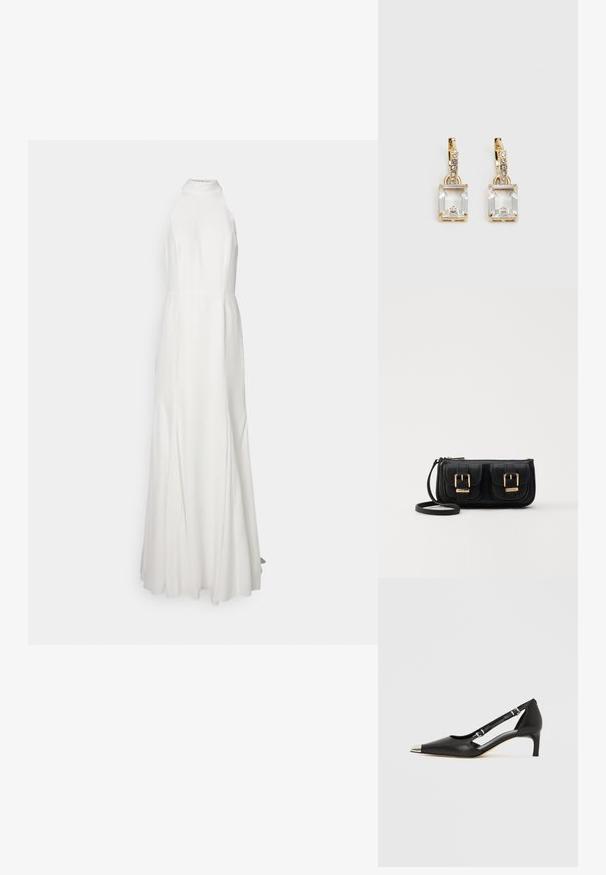 Long, white, halter neck dress with a fitted bodice and flowing skirt. Smooth fabric texture, no visible patterns or accents.; Black leather kitten heel with pointed silver toe cap and dual buckle straps on a white background.; Black leather crossbody bag with two front pockets, gold buckles, zipper closure, and a slim strap. Textured surface and compact rectangular shape.; Gold-tone earrings featuring a rectangular, clear crystal dangling below a row of small, round clear accents. Sleek, modern design.