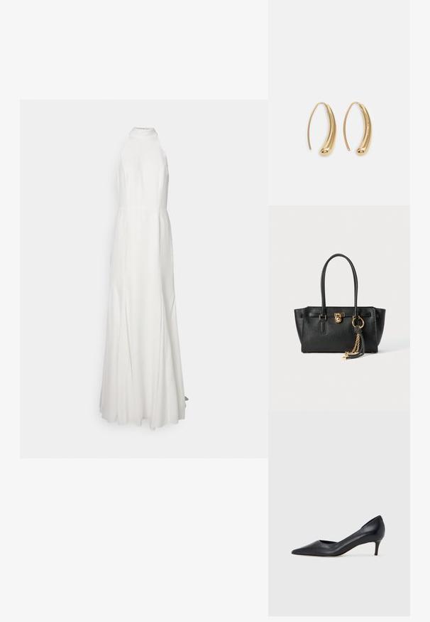 Long, white, halter neck dress with a fitted bodice and flowing skirt. Smooth fabric texture, no visible patterns or accents.; Black leather pump with a pointed toe and low heel. Features a smooth texture and subtle sheen. Open cut at the front for added detail.; Black leather handbag with double handles, gold lock and chain detail, and black-and-white tassel accessory against white background.; Gold-tone metal hoop earrings with a curved, elongated shape. Features a smooth, shiny surface and a rounded tip for added detail.
