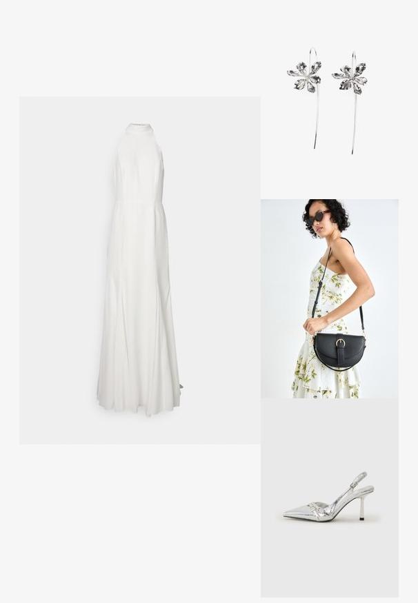 Long, white, halter neck dress with a fitted bodice and flowing skirt. Smooth fabric texture, no visible patterns or accents.; Silver slingback high heel shoe with a pointed toe, metallic finish, two decorative straps, and a slender heel with a black tip.; Black leather handbag with a curved shape, detachable strap, and gold hardware. The bag features a flap with a buckle detail.; Silver flower-shaped earrings with a textured finish, featuring long hooks and petal-like details for an intricate design.
