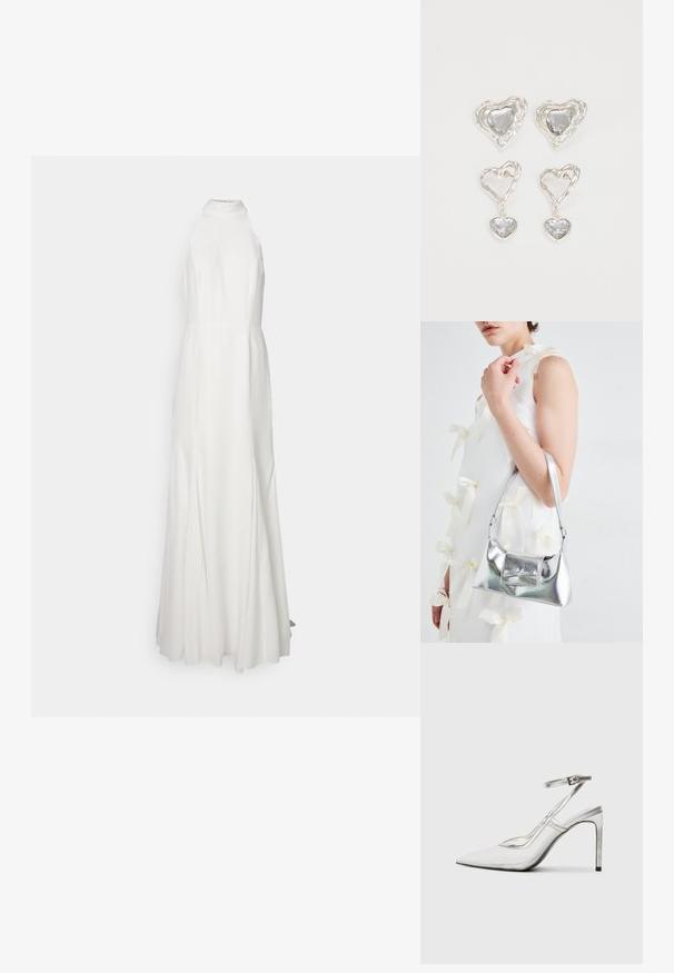 Long, white, halter neck dress with a fitted bodice and flowing skirt. Smooth fabric texture, no visible patterns or accents.; Clear stiletto heel shoe with a pointed toe, transparent material, metallic silver accents, and adjustable ankle strap.; Silver metallic handbag with a structured shape, featuring a top handle and bow detail on the front. Smooth texture, reflective finish.; Silver heart-shaped earrings feature faceted clear stones, with a textured frame. The set includes stud and drop styles.