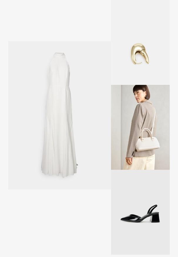 Long, white, halter neck dress with a fitted bodice and flowing skirt. Smooth fabric texture, no visible patterns or accents.; Black patent leather slingback heels with a pointed toe and a geometric block heel. Features a sleek, minimal design and smooth texture.; White structured handbag with short handles and a shoulder strap, featuring gold hardware accents and textured material, displayed against a grey background.; Gold-tone metal earring with a sleek, curved design. Features a distinctive pointed shape, polished surface, and hinge closure.
