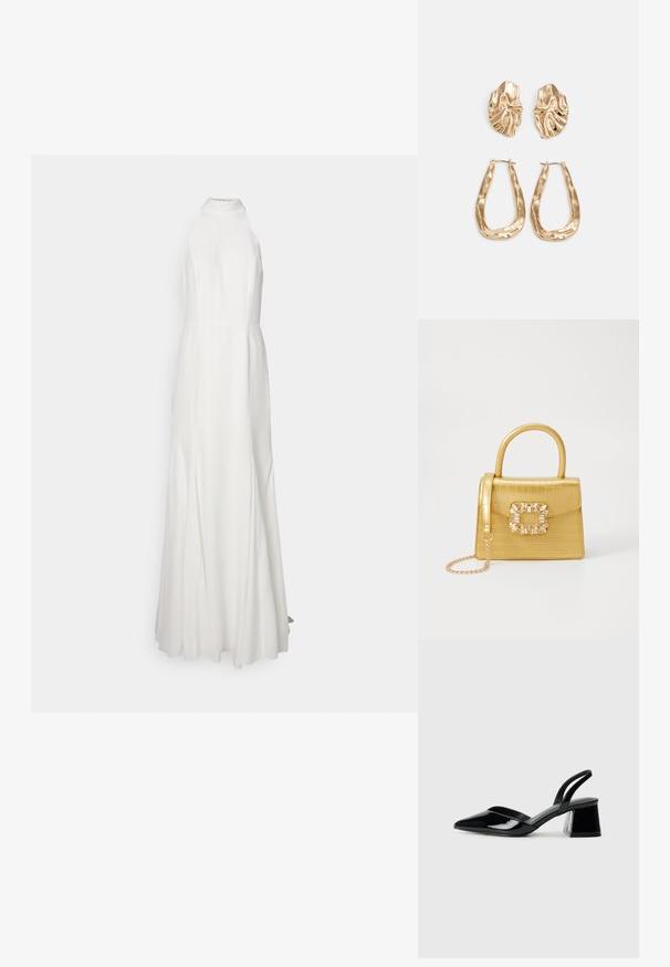 Rochie lungă, albă, cu guler halter, având un corset ajustat și o fustă fluidă. Textură de țesătură netedă, fără modele vizibile sau accente.; Pantofi cu toc slingback din piele lacuită neagră, cu vârf ascuțit și toc geometric. Prezintă un design elegant, minimalist și o textură netedă.; Geantă galbenă din faux-crocodil cu un design structurat, mână superioară, curea detașabilă cu lanț și embellisment decorativ cu cristale pe închidere.; Cercei aurii cu forme texturate și ondulate. Include studs sculpturale cu clip și un design de cerc deschis cu un finisaj cioplit.