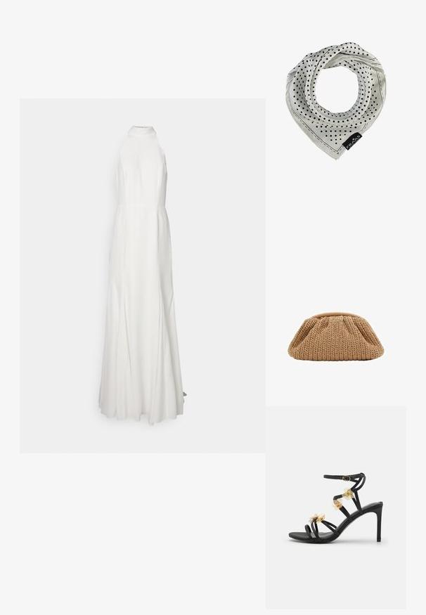 Dlouhé bílé šaty na halter s přiléhavým korzetem a splývavou sukní. Hladká textilie, bez viditelných vzorů nebo akcentů.; Černé sandály na vysokém podpatku se zavazováním s jemnými zlatými květinovými akcenty a hladkou texturou; mají přezku na kotníkovém pásku.; Hedvábná šátek s puntíky v bílém provedení, s malými černými tečkami a prošitým okrajem. Obsahuje značkovou visačku v dolním rohu.; Pletená béžová kabelka s nařaseným designem a zaobleným tvarem, s texturovaným povrchem a měkkým horním otvorem.