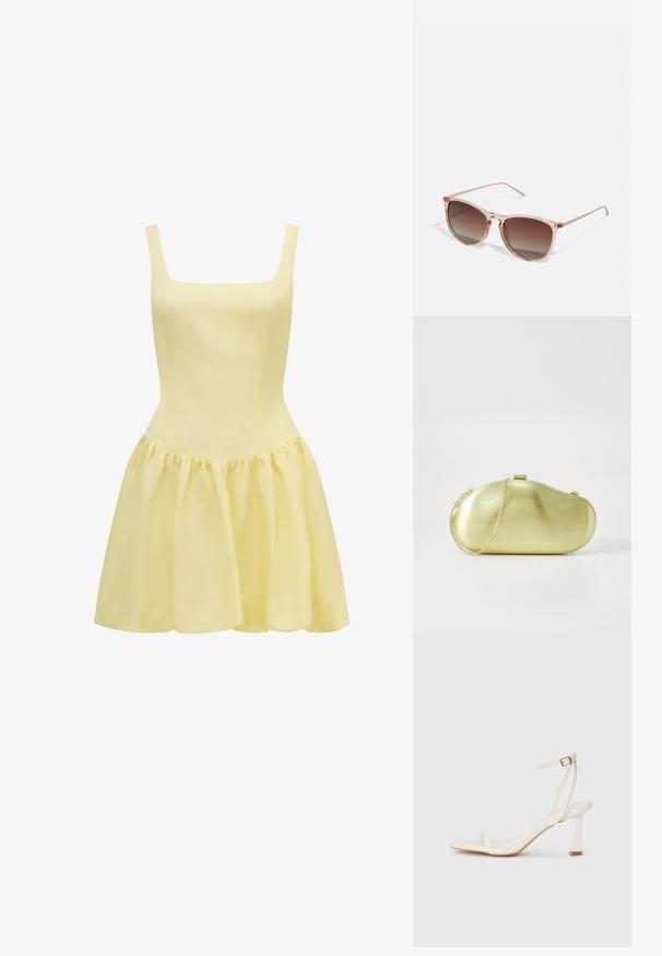 Dzeltena kleita ar kvadrātveida dekoltē, plānām plecu siksnām, pieguļošu augšu un izplestu, savākta svārku daļu. Izgatavota no viegla auduma.; Baltas papēžu sūklis ar šauru siksniņu dizainu, kvadrātveida purngala un smailu papēdi. Izgatavots no gludas materiāla ar minimālistisku estētiku.; Brūna gradienta saulesbrilles ar caurspīdīgu rozā rāmi, kvadrātveida forma un plānas metāla kājas. Iespējamās noapaļotas malas un minimāls dizains.; Metāliski zelta plecu soma ar noapaļotu, pagarinātu formu, ar ķēdes siksnu un sprādzi. Gluda, atstarojoša virsmas tekstūra.