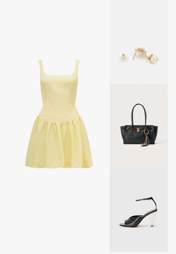 Žuta haljina sa kvadratnim izrezom, tankim naramenicama, uskim korzetom i lepršavom, nabranom suknjom. Napravljena od lagane tkanine.; Crne kožne sandale s visokim potpeticama, otvorenim prstima, asimetričnim dizajnom, remenom oko članka i metalnom konusnom potpeticom. Glatka tekstura kroz cijelu cipele.; Crna kožna torba s dvostrukim ručkama, zlatnom bravicom i lancem kao detaljem, te crno-bijelim resicom kao dodatkom, sve na bijeloj pozadini.; Zlatni naušnice s dekorativnim dizajnom i bisernim naglaskom, metalnim postavljanjem i prozirnom gumenom podlogom.