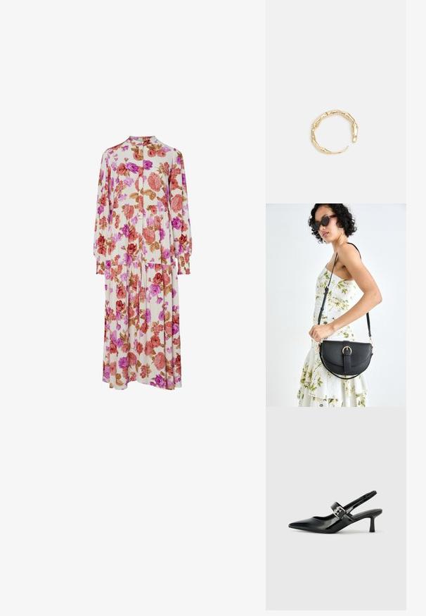 Gėlių suknelė su kreminiu fonu, ant kurio pavaizduotos rožinės, raudonos ir rudos rožės, ilgomis rankovėmis, apykakle ir klostuota sijonu.; Juodai lakuoti slingback aukštakulniai su smailiu kojų pirštu ir mažais blokiniais kulniukais, su sidabro sagtimi ant dirželio.; Juodas odinis krepšys su išlenkta forma, nuimamu dirželiu ir auksiniais detalėmis. Krepšys turi kilpą su sagtimi.; Auksinės spalvos žiedas, turintis organišką, sukimosi dizainą su lygiu paviršiumi ir siaurėjančiais galais, sukuriantis modernią skulptūrinę išvaizdą.