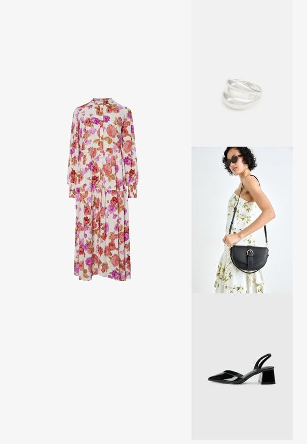 Lillelilledes kleit, millel on kreemikarva taust, roosad, punased ja pruunid roosid, pikad varrukad, kraega kaelus ja plisseeritud seelik.; Mustad musta lakknahk kingad, millel on terav varvas ja geomeetriline plokkkonts. Omab elegantselt minimalistlikku disaini ja sujuvat tekstuuri.; Mustmust mustraha kõverate joontega, eemaldatava rihmaga ja kuldsete detailidega. Kotil on klapp, millel on pandladetail.; Hõbedane kahekordne rõngas sujuva, poleeritud pinnaga. Omab voolavat, kõverat disaini, millel on kattuvad sektsioonid, et saavutada kaasaegne ilme.