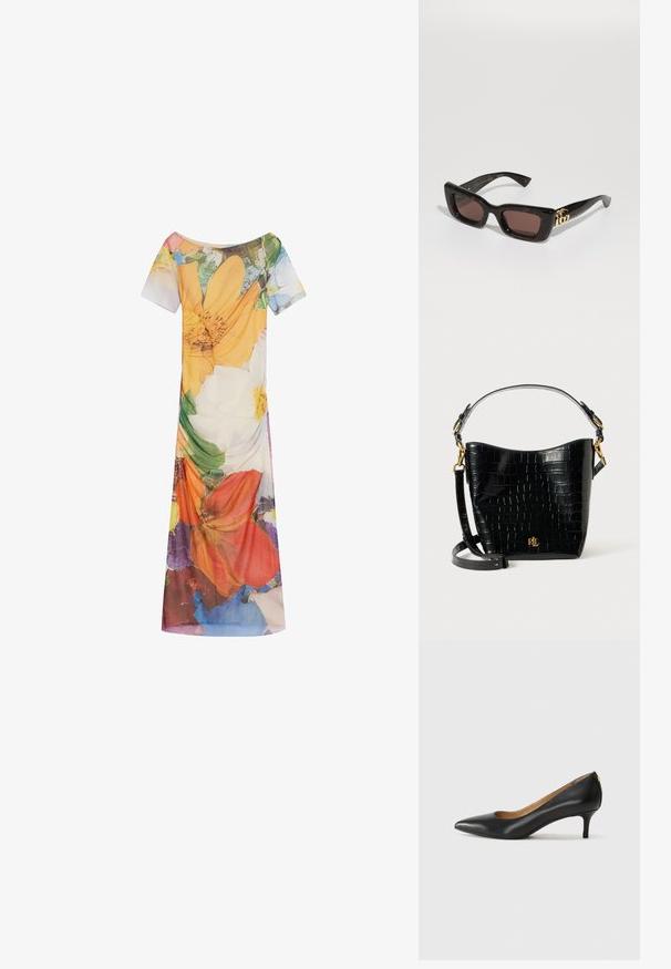 Virágmintás ruha rövid ujjakkal, széles nyakkivágással és lebegő sziluettel. Könnyű anyagból készült, élénk színmintákkal.; Fekete bőrpumpa hegyes orral, alacsony sarokkal és sima felülettel. Elöl enyhe nyílással rendelkezik, hátul pedig minimális részletezéssel.; Fekete teknőctoll mintás napszemüveg téglalap alakú lencsékkel, barna színű árnyékolással, vastag kerettel és arany kettős G logó díszítéssel a szárakon.; Fekete krokodil bőrhatású táska ívelt formával, arany színű fémalkatrészekkel, állítható pánttal és logó részlettel elöl.