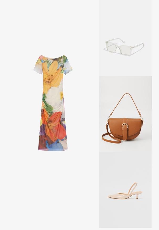 Rochie cu imprimeu floral, cu mâneci scurte, decolteu larg și o siluetă fluidă. Fabricată dintr-un material ușor, cu modele colorate vibrante.; Pantofi cu toc slingback din piele patent bej, cu vârf ascuțit și toc subțire, pătrat. Textură netedă și design minimalist, fără detalii decorative.; Ochelari de vedere cu rame pătrate din plastic transparent, dotate cu lentile translucide și accente aurii pe temple pentru un detaliu suplimentar.; Geantă din piele maro, tip crossbody, cu o formă curbată, accesorii aurii și un accent cu cataramă. Dispune de un curea de umăr detașabilă.