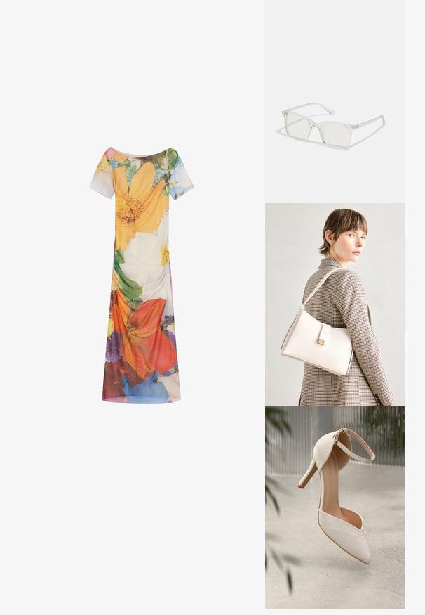 Lillelillelise lilledega kleit, millel on lühikesed varrukad, avar kaelus ja voolav siluett. Valmistatud kergest kangast erksate värvi mustritega.; Valged kõrged kontsad siledast materjalist, terava ninaga ja pahkluu rihmaga. Omab heledat pruunikat sisetalu ja kuldset riistvara aktsenti.; Selge plastmassist ruudukujulised prilliraamid koos läbipaistvate läätsedega, millel on kuldsed aktsendid templitel, et lisada detaile.; Valge nahast käekott struktureeritud disainiga, millel on magnetlukk ja õlavarre rihm, esitletud neutraalse tausta ees.