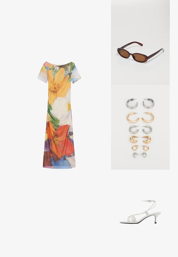 Haljina s cvjetnim uzorkom koja ima kratke rukave, široki izrez i lepršav siluetu. Izrađena od lagane tkanine s živopisnim bojama.; Bijele sandale s visokom potpeticom, tankim remenom oko gležnja, otvorenim prstima i višestrukim križnim remenima. Sjajan završetak i vitka crna podloga.; Okvir okruglih, smeđkastih sunčanih naočala s sjajnim burgundskim okvirom. Uski nositelji s suptilnim brendiranjem. Ravna leća.; Set od osam metalnih naušnica u srebrnim i zlatnim tonovima. Uključuje razne stilove obruča, teksture i završne obrade, raspoređene po veličini.