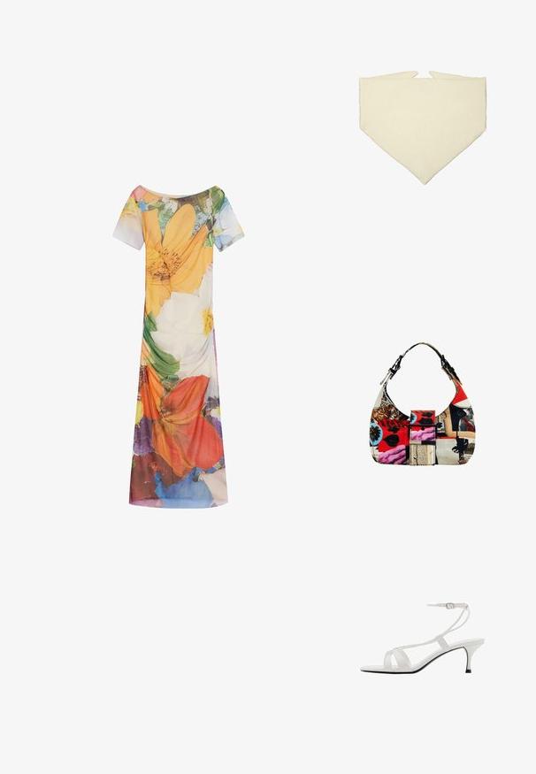 Blomstermønstret kjole med korte ærmer, en bred udskæring og en let svingende silhuet. Fremstillet af letvægtsstof med livlige farvemønstre.; Hvide højhælede sandaler med tynd ankelrem, åben tå og flere krydsende remme. Blank finish og slank sort sål.; Cremefarvet trekantet bandana lavet af blødt stof, med en glat overflade og to spidse ender.; Hobo taske lavet af mønstret stof med røde, sorte og hvide farver. Har en buet form, en bred rem og en central spændedetalje.