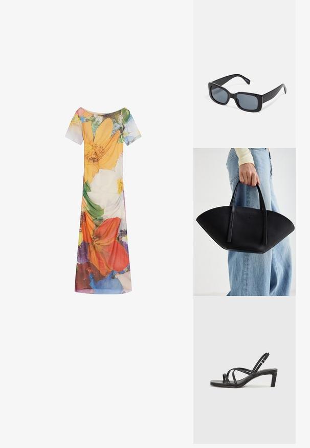 Vestido de estampado floral con mangas cortas, un escote amplio y una silueta fluida. Fabricado en tejido ligero con patrones de colores vibrantes.; Sandalia negra de tiras con punta cuadrada y tacón bajo de bloque. Presenta múltiples tiras delgadas y una correa ajustable en el tobillo. Fabricada en cuero suave.; Gafas de sol rectangulares negras con lentes oscuros, montura de plástico grueso y patillas anchas. Superficie lisa y diseño anguloso.; Bolso de mano de cuero negro con una forma de abanico única, que cuenta con asas planas. La superficie tiene una textura de grano y un diseño minimalista.
