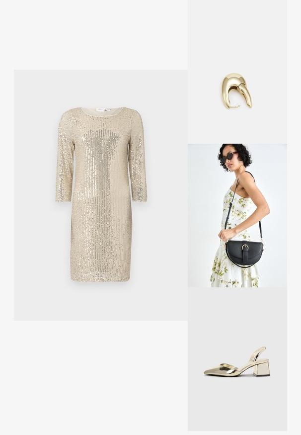 Fényes arany színű, hosszú ujjú, kerek nyakú, testhezálló fazonú flitteres ruha. Csillogó textúrával és függőleges mintával rendelkezik.; Arany, fémből készült slingback sarkú cipők hegyes orral és vastag sarokkal. Simaság, minimalista design és keskeny pánt jellemzi.; Fekete bőrtáska ívelt formával, levehető pánttal és arany színű fémrészekkel. A táskán egy csattal díszített fedél található.; Aranyszínű fém fülbevaló, elegáns, ívelt formával. Különleges hegyes alak, fényes felszín és zsanéros záródás jellemzi.
