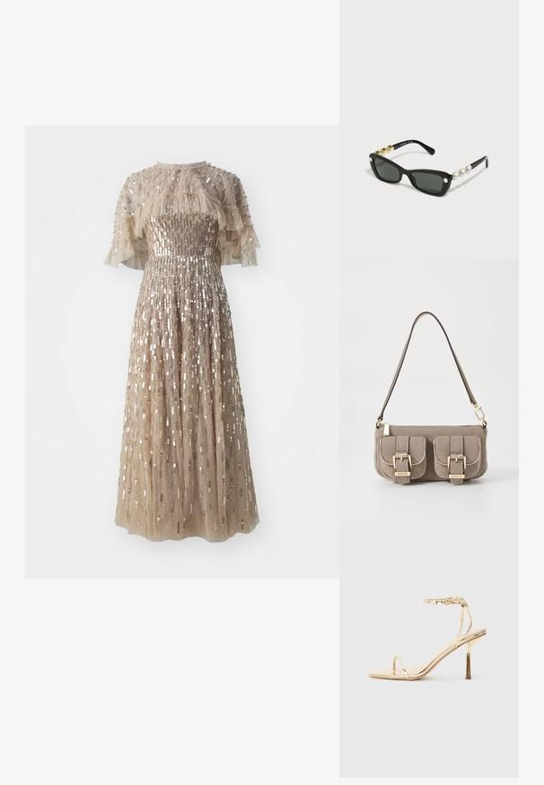 Une robe midi en beige clair, mettant en valeur un corsage ajusté avec des manches transparentes à volants et une jupe évasée ornée de sequins métalliques.; Sandale à talons hauts en métal doré avec un bout carré, une fine bride au niveau de la cheville et un design épuré et minimaliste avec une finition brillante.; Swarovski Lunettes de soleil - black; Sac à main beige texturé avec une bandoulière réglable, deux poches avant fermées par des boucles, et des accents en doré. Fermeture éclair en haut.