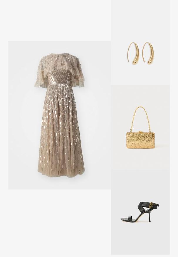Une robe midi en beige clair, mettant en valeur un corsage ajusté avec des manches transparentes à volants et une jupe évasée ornée de sequins métalliques.; Sandale à talons noirs avec des straps croisés et une boucle ajustable. Elle présente une texture lisse et un talon aiguille effilé.; Pochette en sequins dorés de forme rectangulaire, dotée d'une poignée en chaîne torsadée et d'une fermeture à fermoir en métal, réfléchissant la lumière avec une finition texturée.; Boucles d'oreilles en métal doré en forme d'anneau, avec une forme courbée et allongée. Elles présentent une surface lisse et brillante avec une pointe arrondie pour un détail supplémentaire.