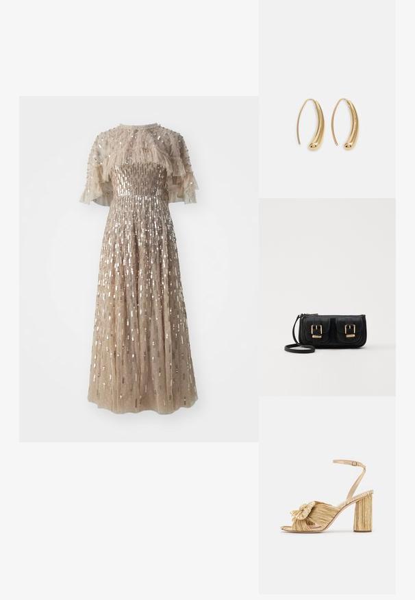 Ein Midi-Kleid in hellem Beige, mit einem taillierten Oberteil, durchscheinenden Rüschensäulen und einem voluminösen Rock, der mit metallischen Pailletten verziert ist.; Goldene Sandalen mit Absatz und geknoteter Vorderseite,„plissierter“ Textur und Knöchelriemen. Der Blockabsatz hat ein gerippte Design, das den Halt verbessert.; Schwarze Leder-Umhängetasche mit zwei vorderen Taschen, goldenen Schnallen, Reißverschluss und einem schmalen Tragegurt. Texturierte Oberfläche und kompakte rechteckige Form.; Goldfarbene Metall-Hoops mit einer geschwungenen, länglichen Form. Sie verfügen über eine glatte, glänzende Oberfläche und eine abgerundete Spitze für zusätzliche Details.