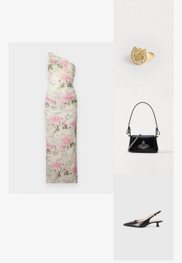 Krémové jednoramenné kvety s ružovými ružami a zelenými listami. Hladká textura s priliehavým strihom a drapériou.; Čierne kožené sandále na podpätku s ostrou špičkou a zlatou prackou na bočnom pásiku, na bielom pozadí.; Čierna kožená kabelka so štruktúrovaným dizajnom, strieborným reťazovým popruhom a výrazným metalickým logom na prednej strane. Hladký povrch.; Zlatý prsteň s dizajnom koruny vnútri podkovy, zdobený malými priehľadnými drahokamami, na bielom pozadí.; Zlatý prsteň s dizajnom koruny vnútri podkovy, zdobený malými priehľadnými drahokamami, na bielom pozadí.