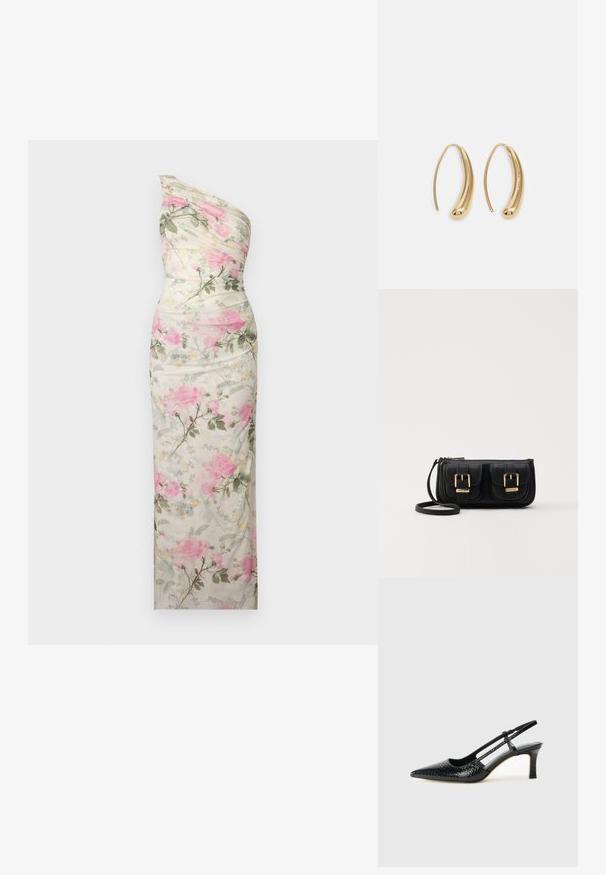 Kreminės spalvos su vienu petimi gėlėmis dekoruota suknelė, kurią puošia rožinės spalvos rožės ir žalios lapai. Lygi medžiaga, prie kūno prigludusi siluetas ir drapiruoti detalės.; Juodai lakuoti slingback aukštakulniai su smailiu nosiu, su tekstūruotu gyvatės raštu, reguliuojama juosta ir trumpu, tekstūruotu blokiniu kulnu.; Juodas odinis per petį nešiojamas krepšys su dviem priekiniais kišenėmis, auksiniais sagtimis, užtrauktuko uždarymu ir siauromis petnešomis. Textūruota paviršius ir kompaktiškas stačiakampis formatas.; Auksinės metalinės auskarų kabės su lenktą, pailgą forma. Turi lygų, blizgantį paviršių ir užapvalintą galiuką papildomam akcentui.