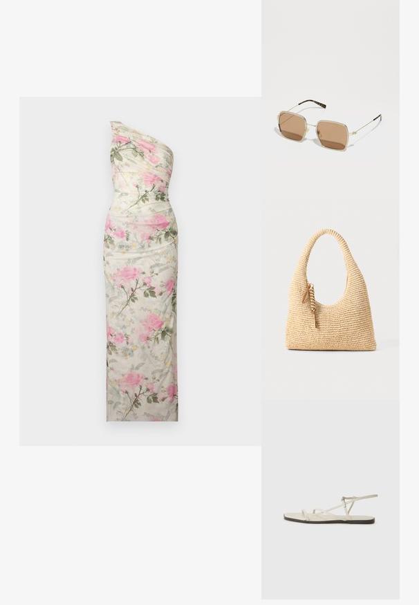 Sukienka na jedno ramię z kwiatowym wzorem w kremowym kolorze, zdobiona różowymi różami i zielonymi liśćmi. Gładka faktura z dopasowaną sylwetką i drapowaniem.; Beżowe płaskie sandały z wieloma cienkimi paskami i regulowanym zapięciem. Podeszwa jest płaska z delikatnym ciemnym kontrastem na krawędzi.; Złote okulary przeciwsłoneczne o kwadratowym kształcie, brązowych soczewkach i subtelnych akcentach w kolorze zielonym i czerwonym na oprawce. Cienkie, smukłe zauszniki.; Spleciona beżowa torebka z zaokrągloną rączką, teksturowaną powierzchnią i brązowym detalem w postaci frędzla. Charakteryzuje się miękkim, hobo kształtem.