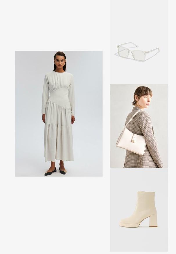 Duga haljina bez rukava krem boje s uskim korzetom, nabranim detaljima i slojevitom suknjom. Mekani materijal s glatkom teksturom.; Bež kožne gležnjače s blok petom i platformom, glatke površine, i lagano kvadratnim vrhom, okrenute lijevo na bijeloj pozadini.; Prozirne plastične naočale kvadratnog okvira s prozirnim lećama, koje sadrže zlatne akcentne detalje na drškama.; Bijela kožna torba s čvrstim dizajnom, s magnetskim kopčanjem i remenom za rame, prikazana na neutralnoj pozadini.