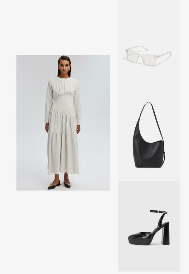 Rochie cu mâneci lungi, de culoare crem, cu un corset ajustat, detalii pliate și fustă în straturi. Material moale cu o textură netedă.; Pantofi cu toc platformă negri, cu vârful ascuțit și curea reglabilă la gleznă. Confecționați din piele netedă, având un toc gros.; Ochelari de vedere cu rame pătrate din plastic transparent, dotate cu lentile translucide și accente aurii pe temple pentru un detaliu suplimentar.; Geantă hobo din piele neagră, cu o textură netedă, formă curbată și un singur bretele ajustabil; are o deschidere largă în partea de sus.