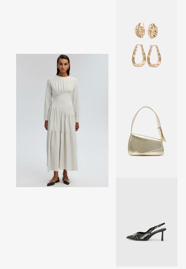 Vestido de manga larga en color crema con un corsé ajustado, detalles fruncidos y falda en capas. Tejido suave con una textura lisa.; Zapato de charol negro tipo slingback con punta afilada, correas al tobillo con hebillas y herrajes de plata, y un tacón delgado.; Bolso de mano metálico dorado con un diseño estructurado, textura suave y correa ajustable. Presenta una forma triangular única y un cosido minimalista.; Pendientes en tono dorado que presentan formas texturizadas y onduladas. Incluyen aros de clip esculturales y un diseño de aro abierto con un acabado martillado.
