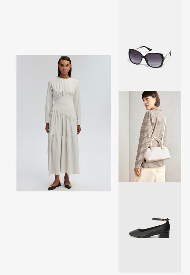 Hosszú ujjú, krémszínű ruha, illeszkedő felső résszel, ráncolt részletekkel és réteges szoknyával. Puha anyag, sima textúrával.; Fekete bőr magassarkú cipő hegyes orral és alacsony tömb sarkal. Bokapánttal rendelkezik, aranyszínű csattal. Simább textúra.; Fekete, oversize napszemüveg fokozatos árnyalatú lencsékkel, vastag kerettel és arany színű lánc díszítéssel a szárakon.; Fehér, strukturált kézitáska rövid füllel és vállpánttal, arany színű fém kiegészítőkkel és texturált anyagból, szürke háttér előtt bemutatva.